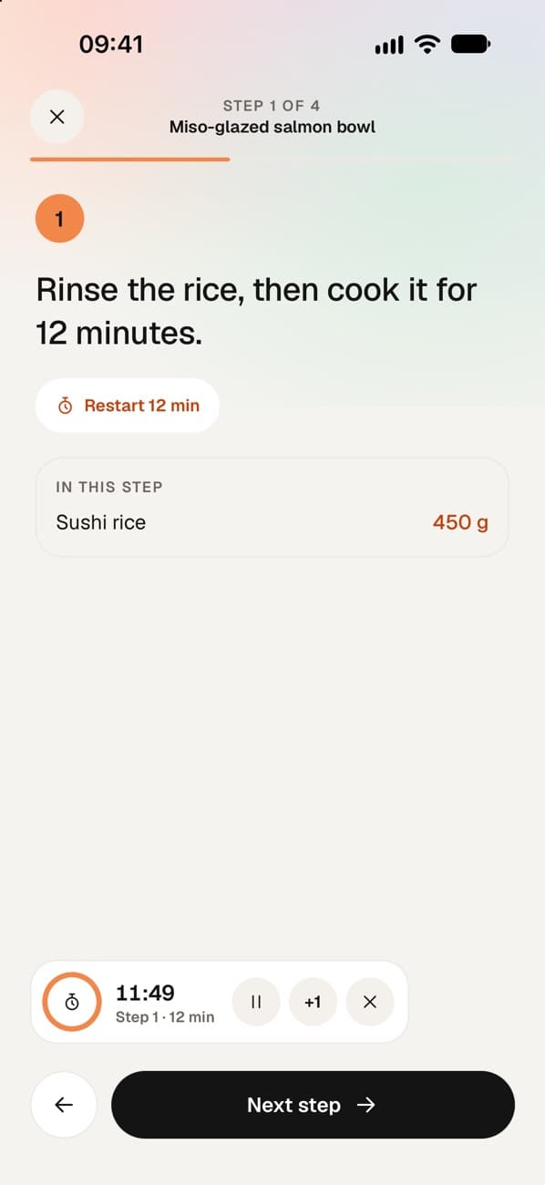 Cook mode with a running timer