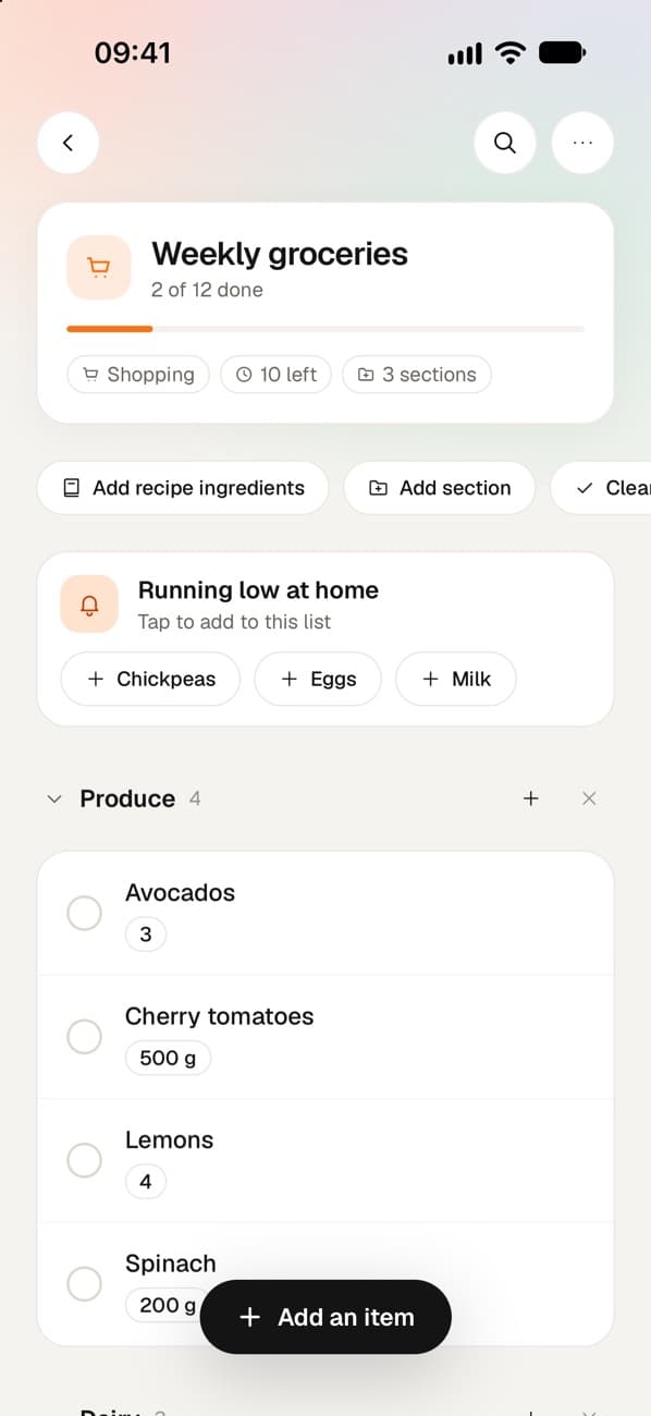 A shared shopping list with sections and quantities